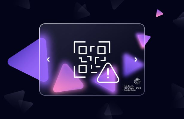 qr code with warning sign line icon over purple triangles in background