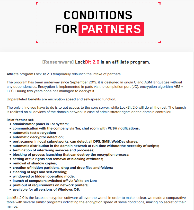 Figure 1.0 Lockbit version 2.0 list of Features from their website