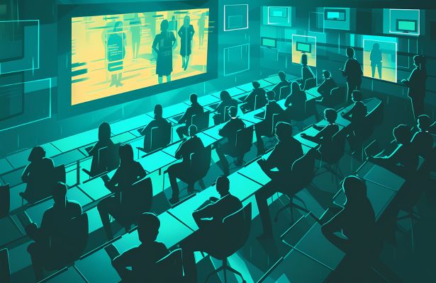 image depicting employees participating in a cybersecurity awareness program sat in rows in front of a screen