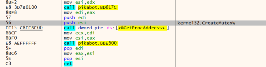Figure 11.0 Getting the address of CreateMutexW API in its related module