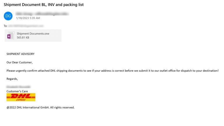 Figure 3.0 Malspam example 1 purporting to be from DHL and has a sense of urgency