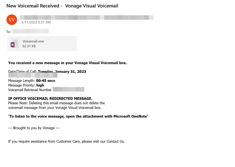 Figure 6.0 Malspam example 4 pertaining to be a voice email