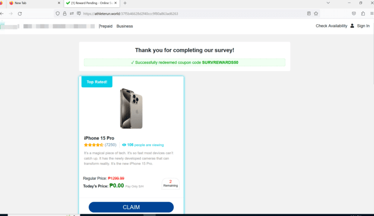 Figure 7.0 Showing the prize after completing the survey