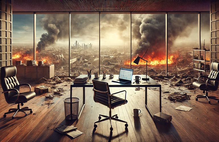City burning behind a working laptop