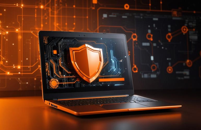 Laptop with Orange Cybersecurity Shield
