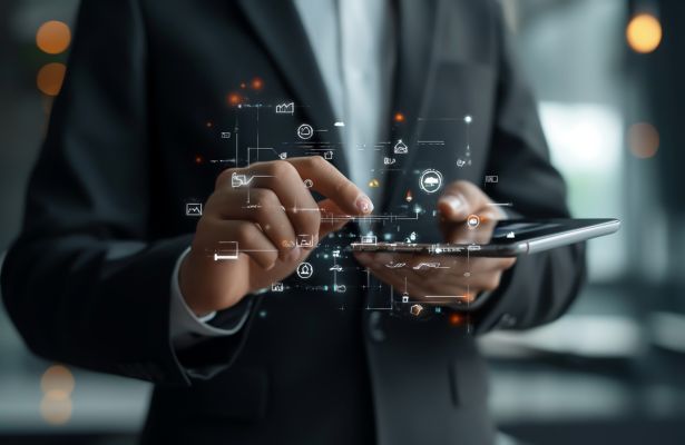 businessman with a tablet computer with icons representing technology for communication, digital concepts, and internet security