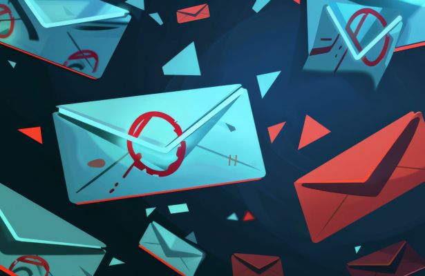 email inbox filled with spam messages each marked with a warning icon for potential threats