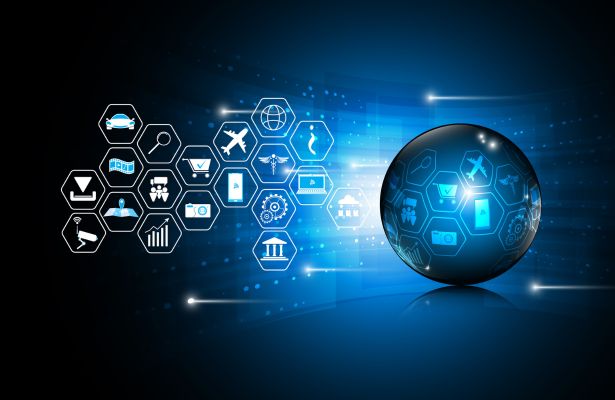 internet of things icons reflected in a sphere