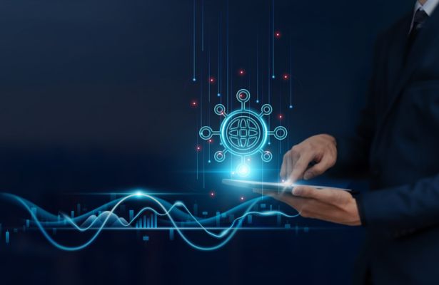 man using a tablet with digital images superimposed to reflect network control
