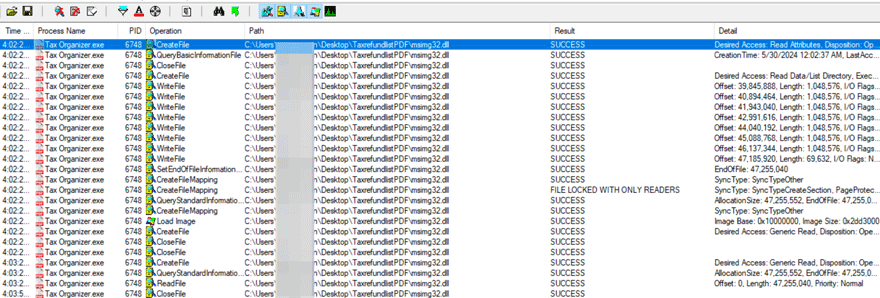 Figure 11.0 Tax Organizer.exe searching and utilizing the malicious DLL