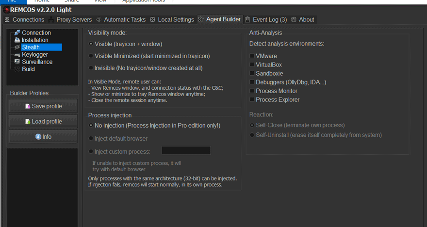 Figure 14.0 The capabilities of Remcos like keylogging and stealth mode