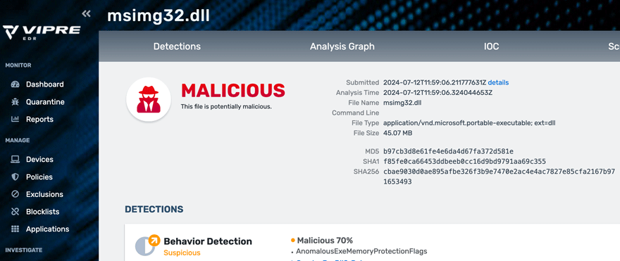 screen grab of VIPRE Behavior detection dashboard