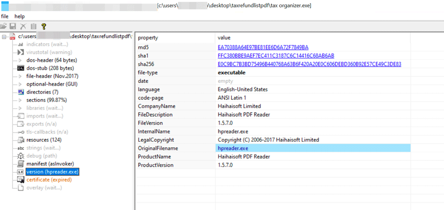 Figure 8.0 Tax Organizer.exe identified as Haihaisoft PDF Reader