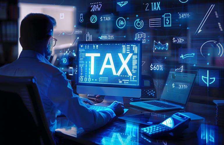 Man on laptop doing his taxes
