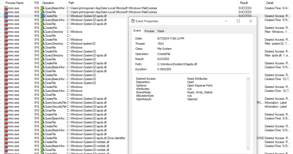 Figure 3.0 The mmc.exe process that is related to the executed MSC file that accesses the apds.dll