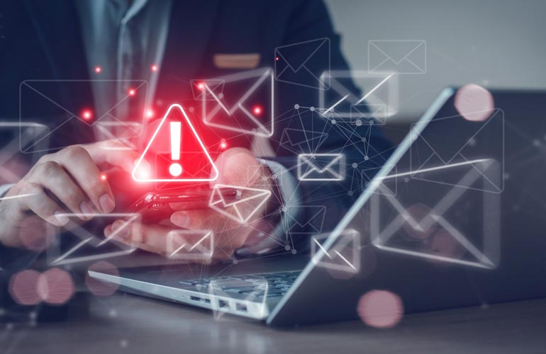 Email inbox alert and spam virus with warning