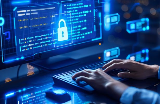man typing on a keyboard with a padlock blocking access clearly displayed on a monitor