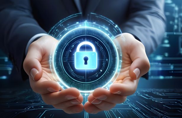 man in a suit with his palms together with a digital padlock, resembling robust cybersecurity