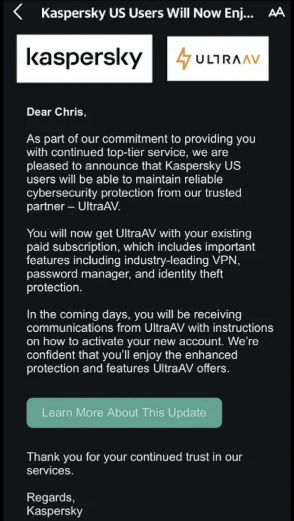 Kaspersky email that customers received
