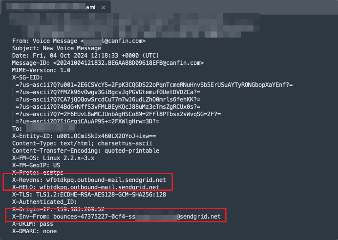 email header showing email was sent using Sendgrid