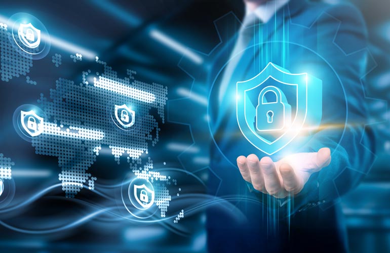 Businessman holding cybersecurity connections