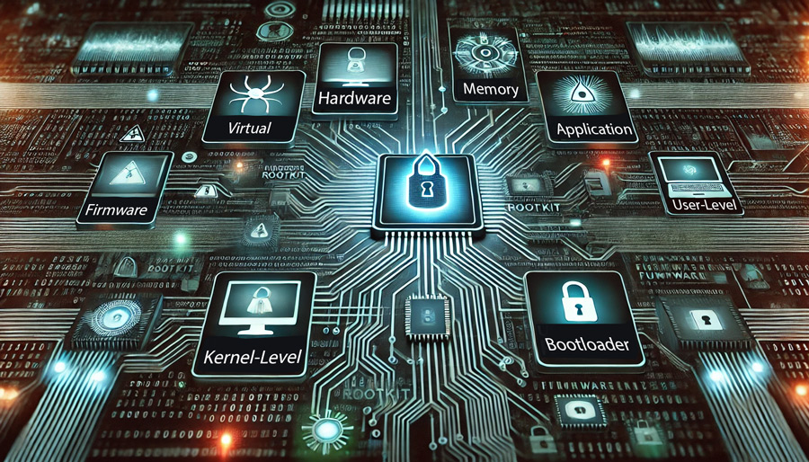 Computer circuitboard, showing different types of rootkits