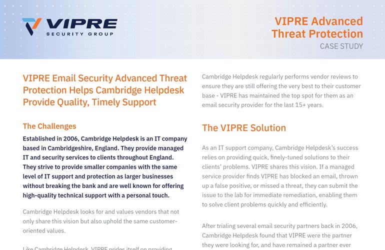 Cambridge Helpdesk Provides Quality Support with VIPRE Email ATP