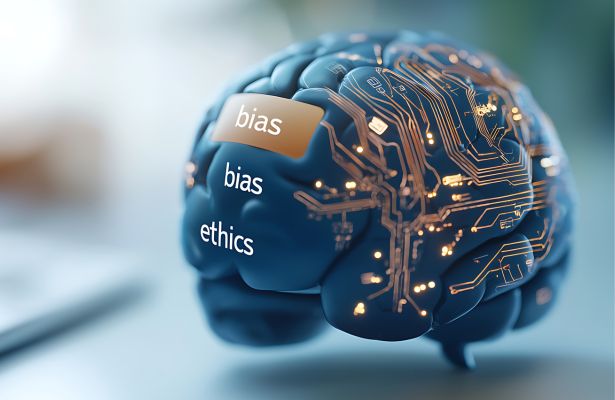 Digital brain, with a computer chip circuit round it and the words 