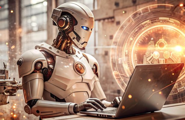 AI robot typing on a laptop. The image resembles AI enabled Advanced Threat Detection in cybersecurity