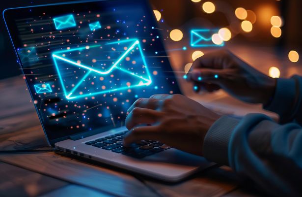 Man typing on a laptop with shinny email icons scattered around