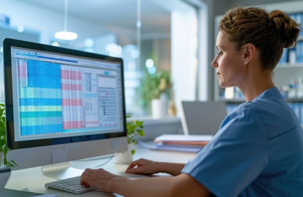 nurse updating healthcare data on a computer