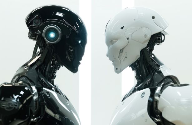 Two AI-powered robots staring at each other