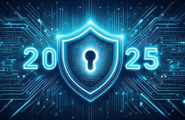 2025 is written in the middle of the image, with a shield in the middle representing cybersecurity