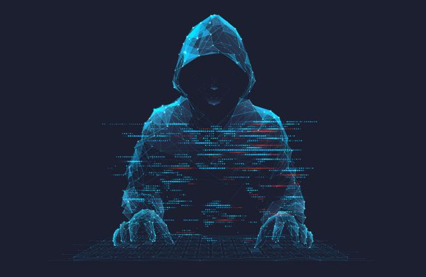 digital representation of a man with a hoodie typing on a keyboard