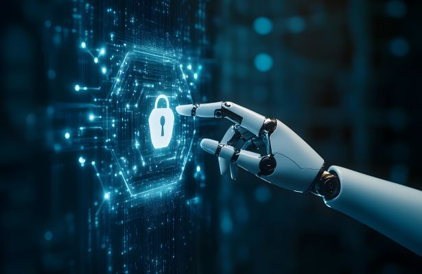 robot hand tapping a giant touch screen with a padlock