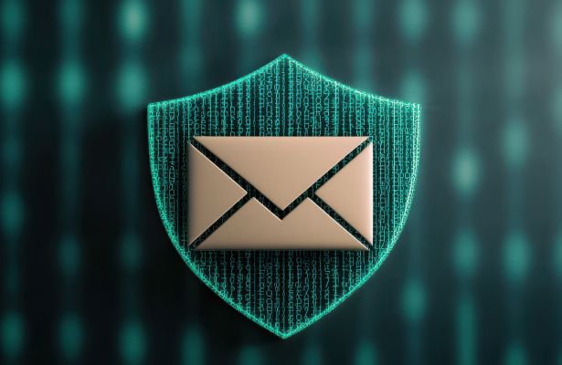 Envelope symbolizing a email is superimposed over a shield, resembling email security solutions