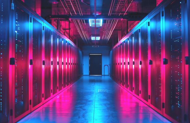 Colorful server room, with a long corridor, and a door at the end
