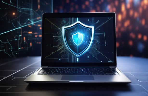 laptop with a shield in the middle.