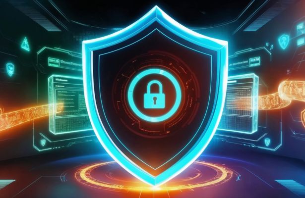 Big shield with padlock in the middle, protecting against cyber threats