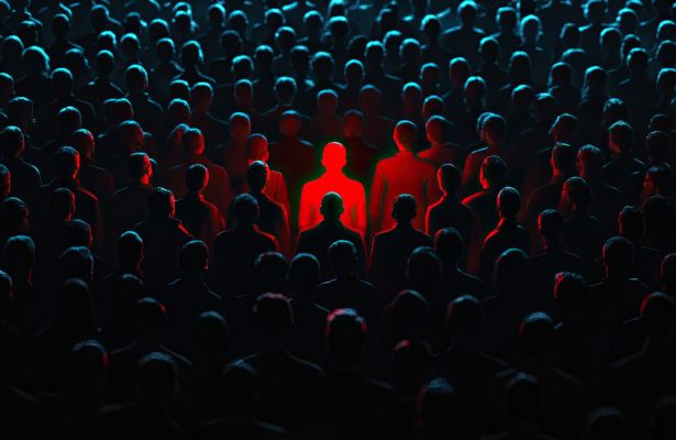 Dense crowd of black silhouettes with one striking red figure, representing insider threats in cybersecurity.