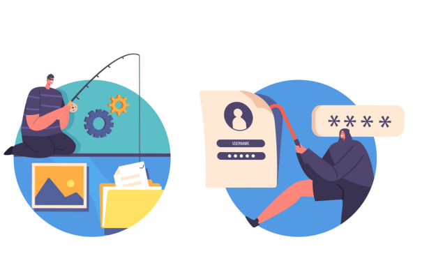 Bad actors stealing credit card credentials, stealing files via phishing, and stealing login credentials respectively