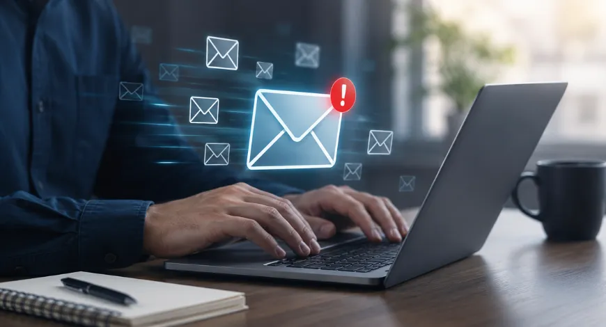 Person typing on a laptop with digital email alert icons, representing outbound email security and human-error risk.