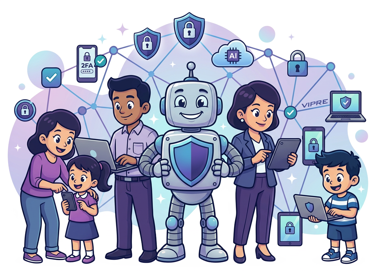 A robot, employees and families connected by cybersecurity protections